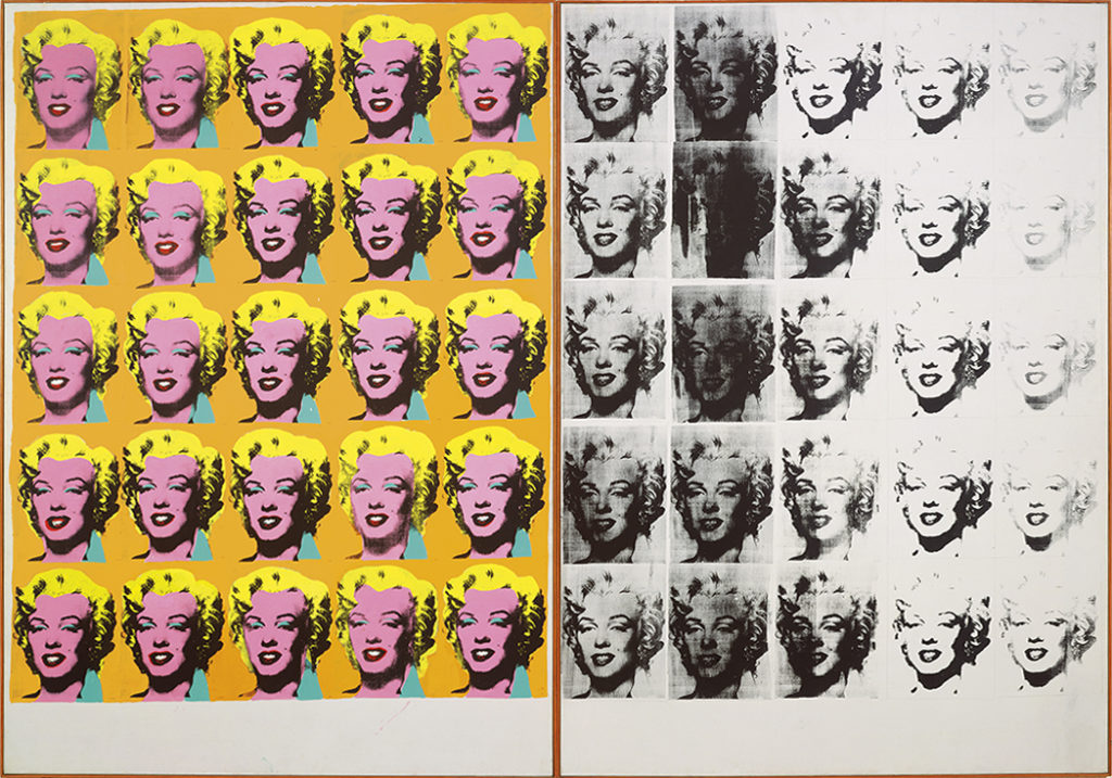 a diptych of Marilyn Monroe in color and monochrome