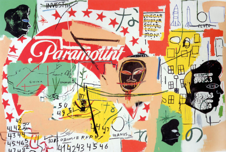 a collage featuring the paramount logo and basquiat sketches