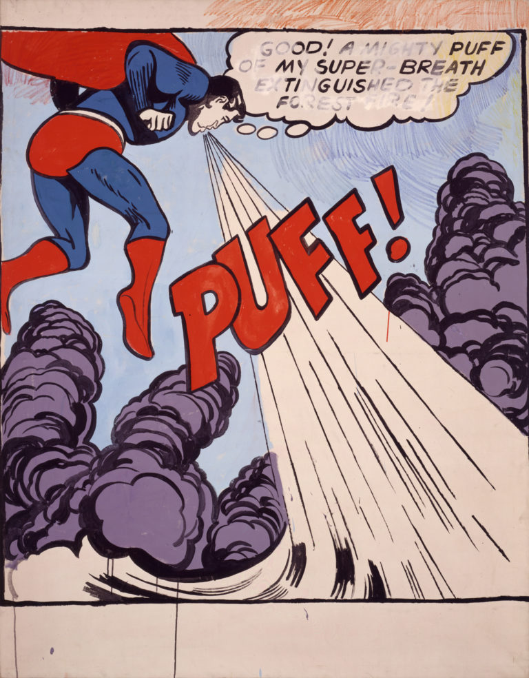 A comic book style print of Superman exhaling a mighty puff
