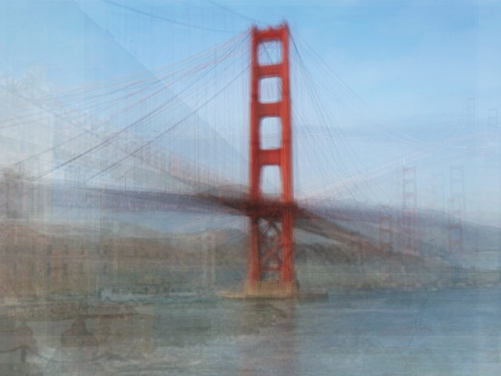 photograph of golden gate bridge with multiple overlays and blurred