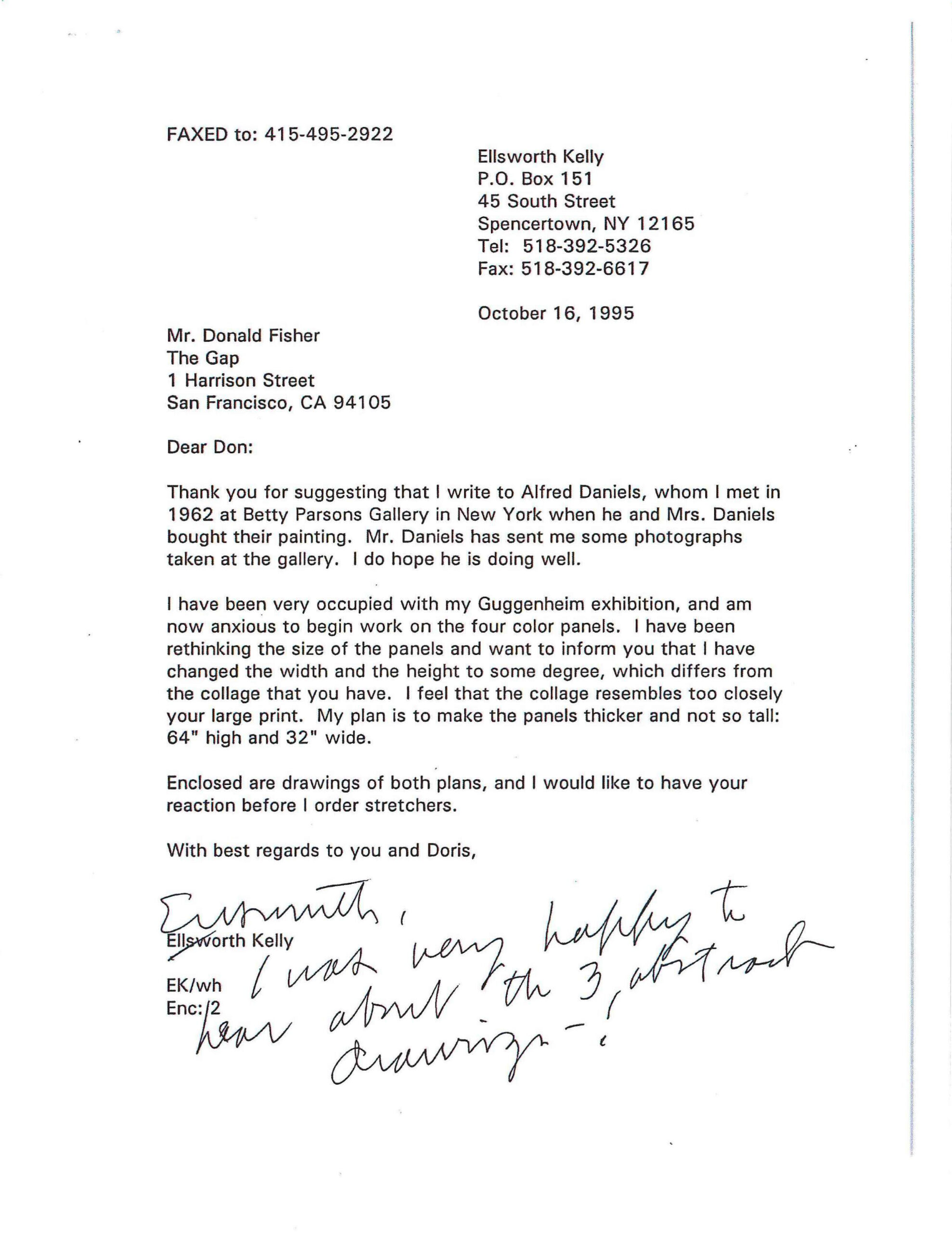 Faxed letter from Ellsworth Kelly to Donald Fisher, October 16, 1995 ...