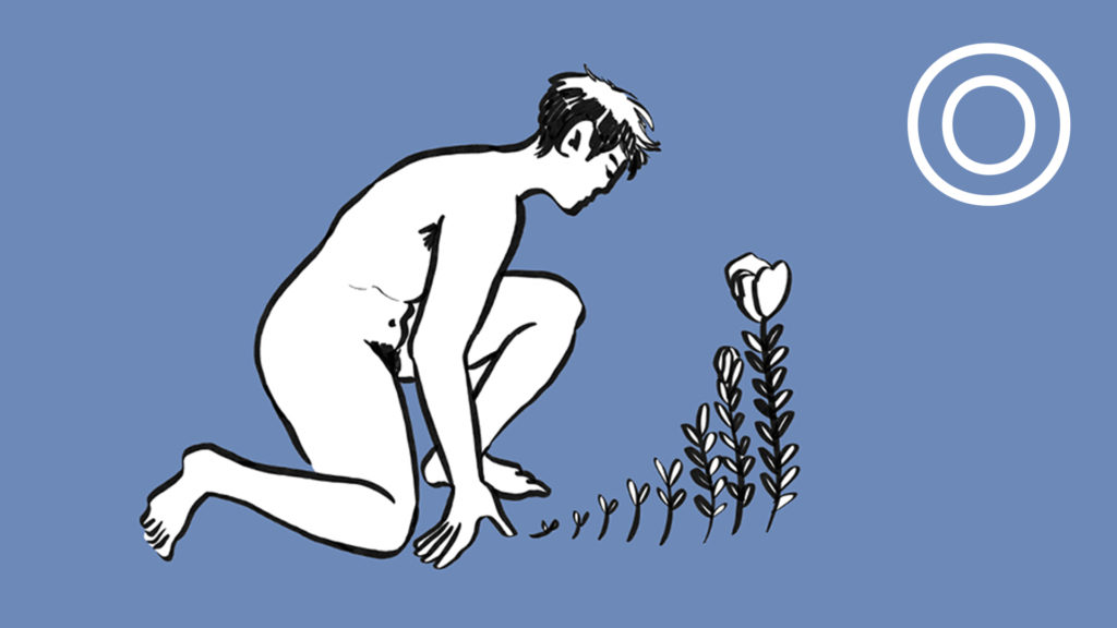 A black and white sketch illustration of a human leaning down towards a flower, all drawn over a blue background.