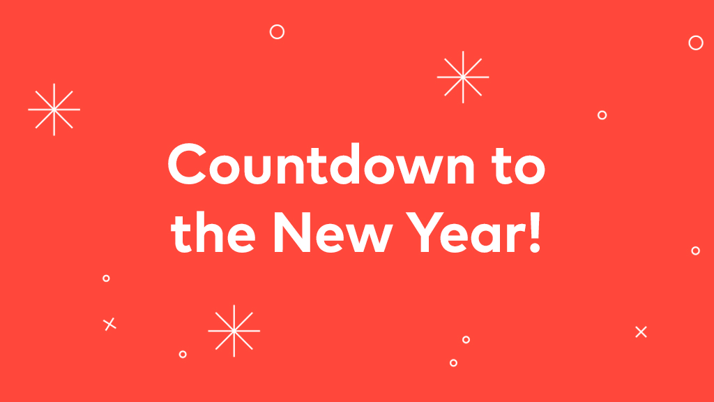 White text Countdown to the New Year and white snowflakes all over a red background.