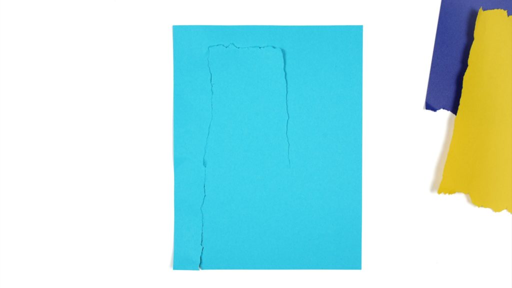 Still image from a video for an art activity inspired by painter Helen Frankenthaler that shows part of a blue paper collage.