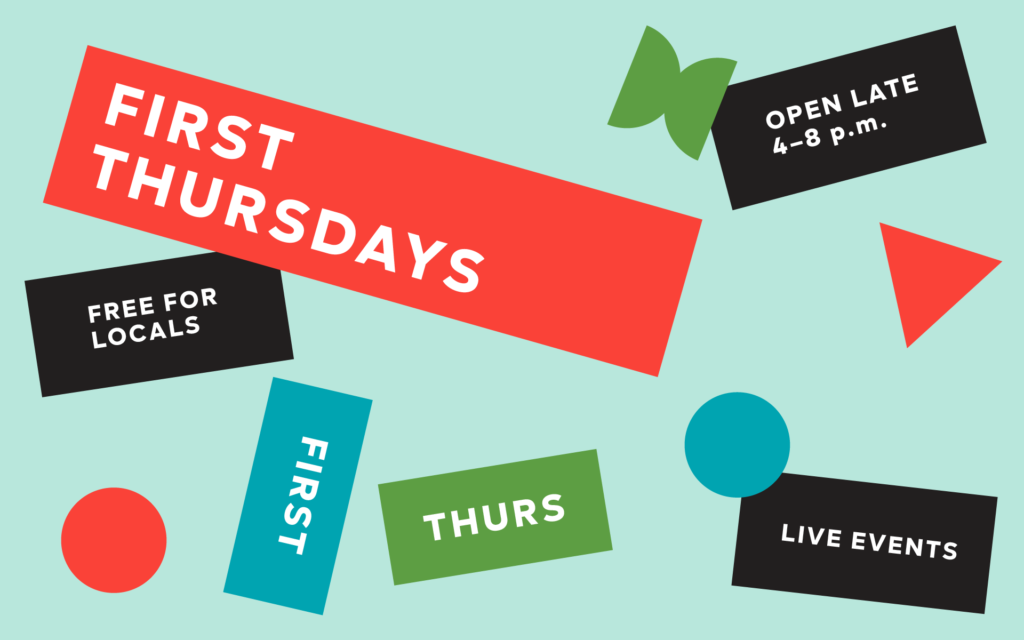 A graphic depicting shapes of different sizes, including rectangles and circles placed over a mint green background, with text about monthly Free First Thursdays at SFMOMA.