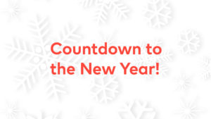 Red text Countdown to the New Year over a background of white snowflakes.