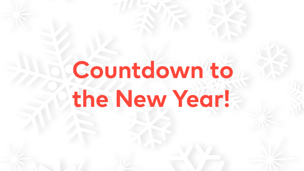 Red text Countdown to the New Year over a background of white snowflakes.