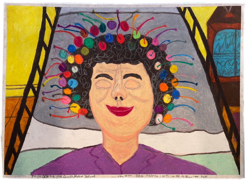 A painting of a smiling person with a colorful array of objects resembling hair rollers or baubles attached to their hair. The background features geometric shapes and a lamp, suggesting an interior setting.