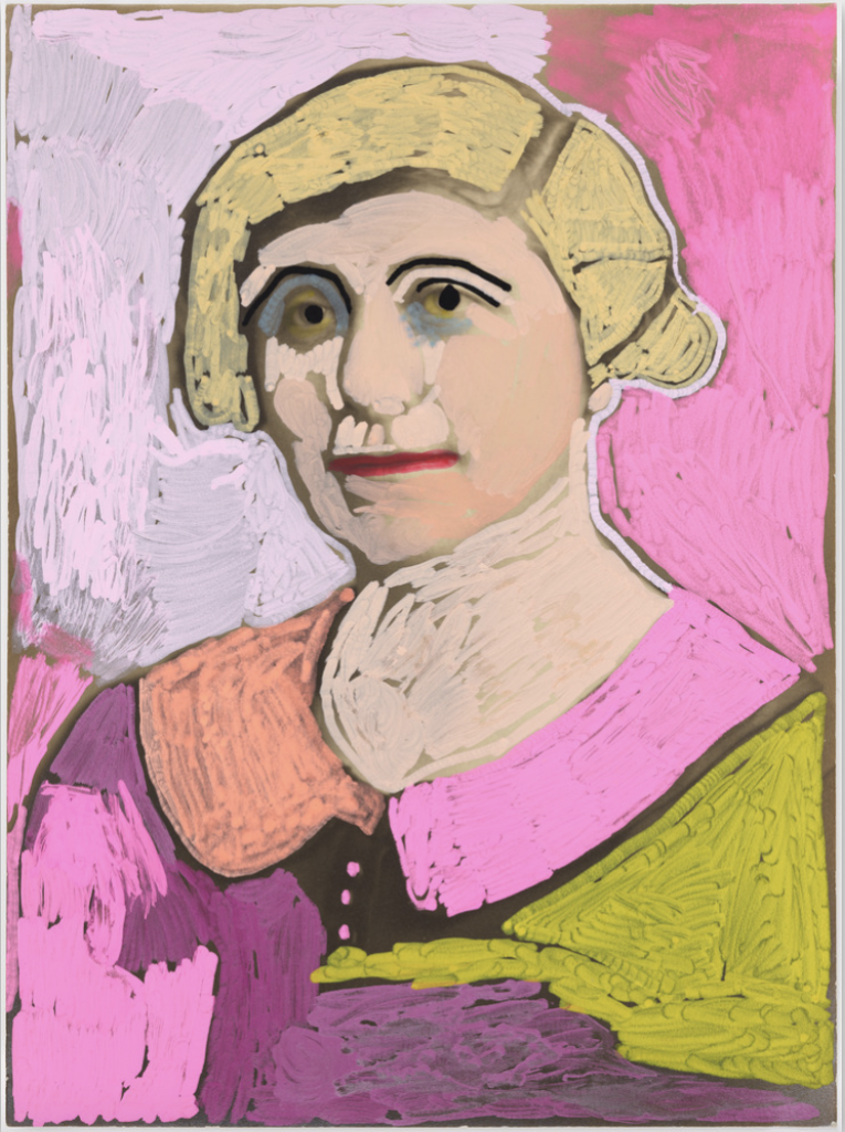 A painting of a stylized portrait of a person with blonde hair, wearing a dress with a two-tone collar and a pink background. The facial features are accentuated with bold colors and brush strokes.
