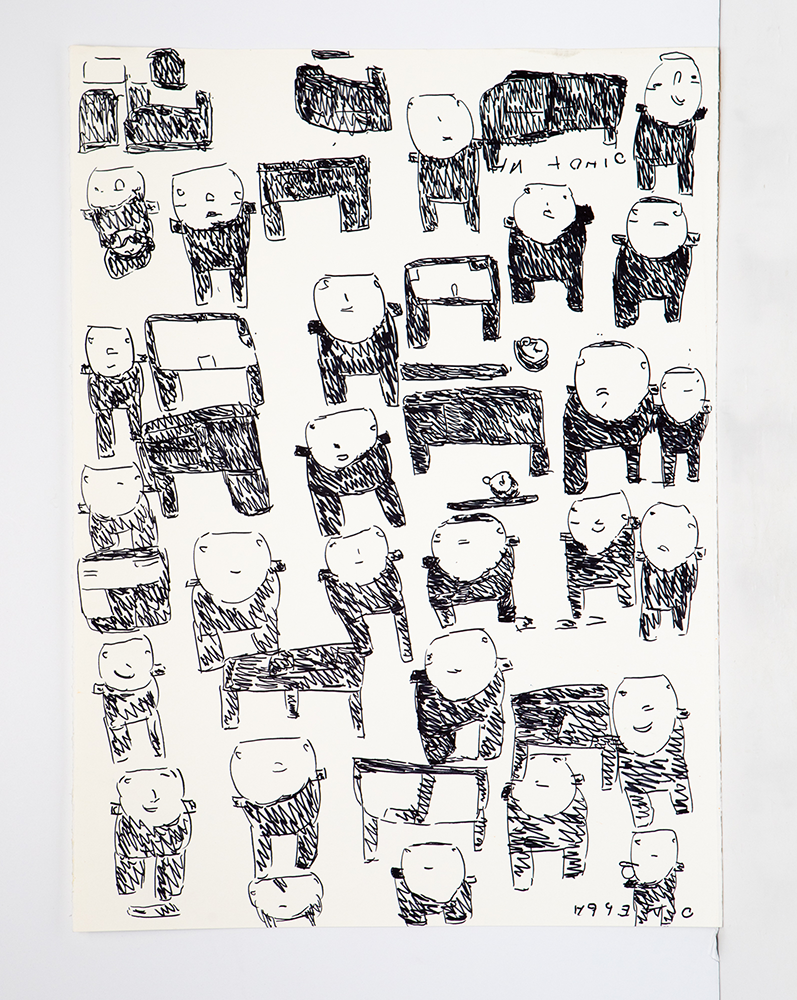 A drawing featuring numerous simplistic, cartoon-like figures and furniture-like items arranged in a grid-like pattern, sketched in black ink.