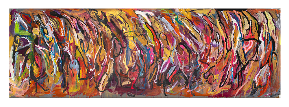 A wide, panoramic abstract painting with vibrant, swirling colors and dynamic brushstrokes.