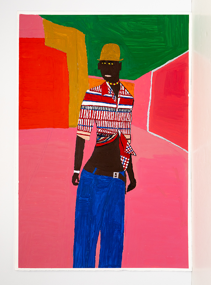 A painting of a figure with dark skin wearing a striped shirt, blue pants, and a yellow hat against a backdrop of bold, abstract blocks of color.