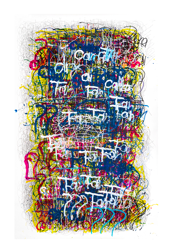 A vibrant, abstract painting with layers of scribbled lines and text in various colors on a white background.