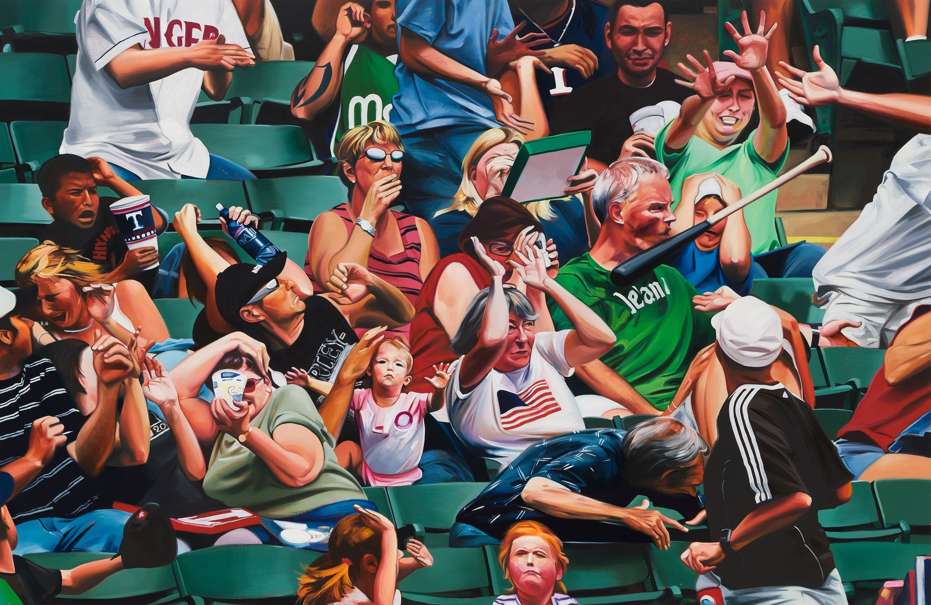 A painting depicting fans reactions to a bat flying into the stands based on a photograph taken at a baseball game between the Texas Rangers and Cleveland Indians .