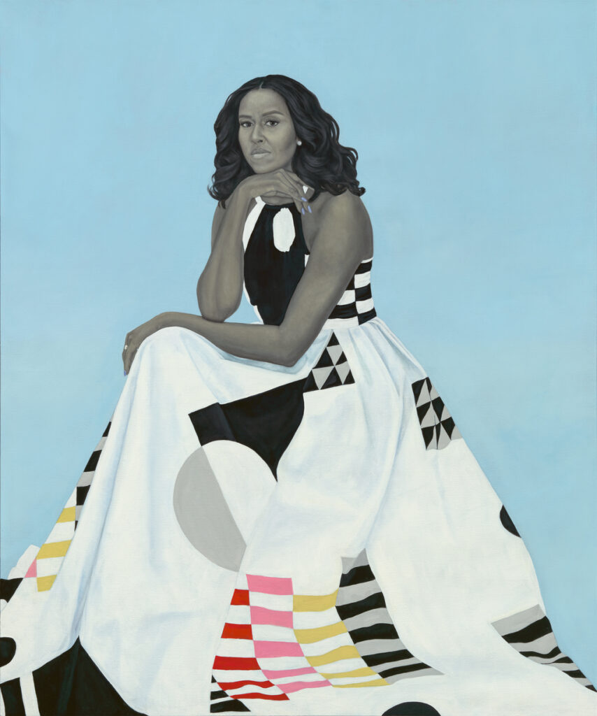 A painted portrait of Michelle Obama wearing a patterned dress and sitting against a light blue background, resting her chin on her hand and looking forward with a calm expression.